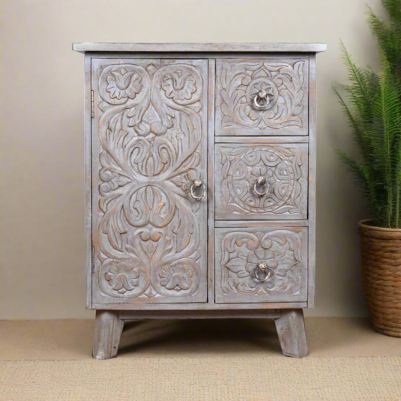 Indira Bedside - Black Wooden Bedside Table with Deeply Carved Floral Design