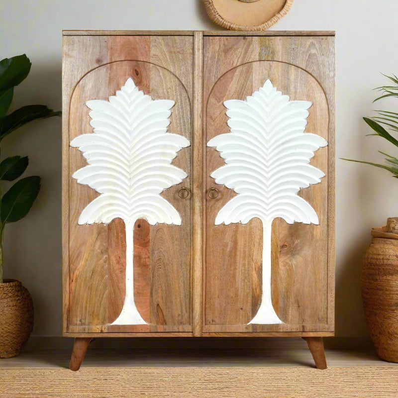 Palmyra Cabinet - Two-Door Wooden Cabinet with White Palm Carvings in Natural Finish