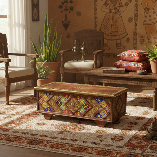 Handcrafted Tile & Embossed Brass Storage Trunk