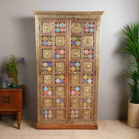 Handcrafted Brass & Tile Inlay Almirah | Ethnic Storage Cabinet Wardrobe