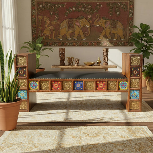 Handcrafted Brass & Tile Inlay Sofa Bench | Ethnic Accent Settee