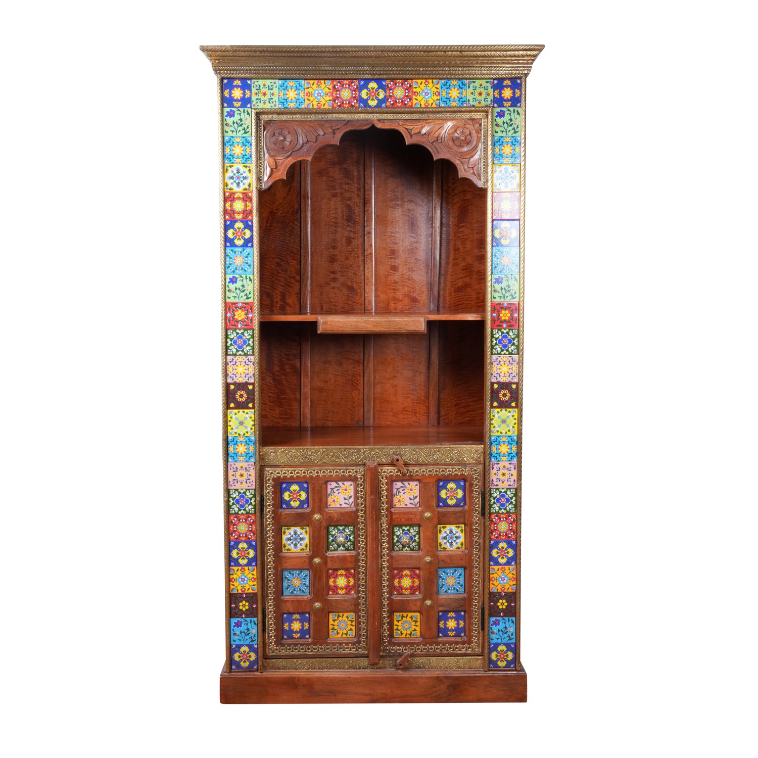 Handcrafted Brass & Tile Corner Mandir Almirah | Wooden Display Cabinet