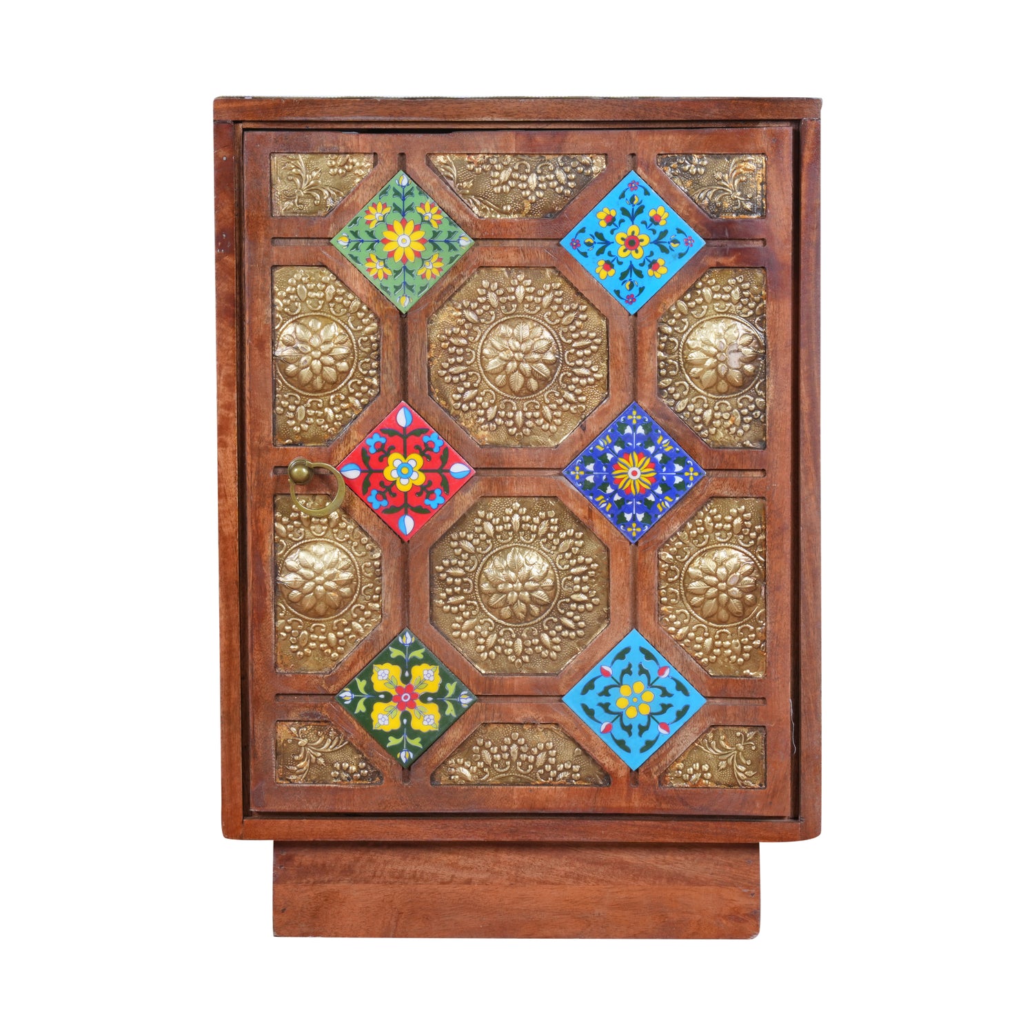Rustic Wood Bedside Cabinet with Brass & Tile Door | Ethnic End Table