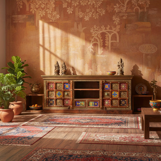 Handcrafted Brass & Tile Media Console Cabinet | Ethnic TV Stand