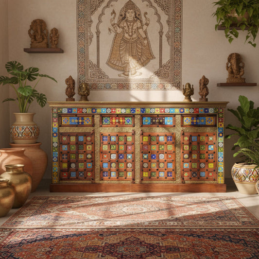 Artisan Multi-Tile & Brass Inlay Sideboard | Four-Door Console Cabinet