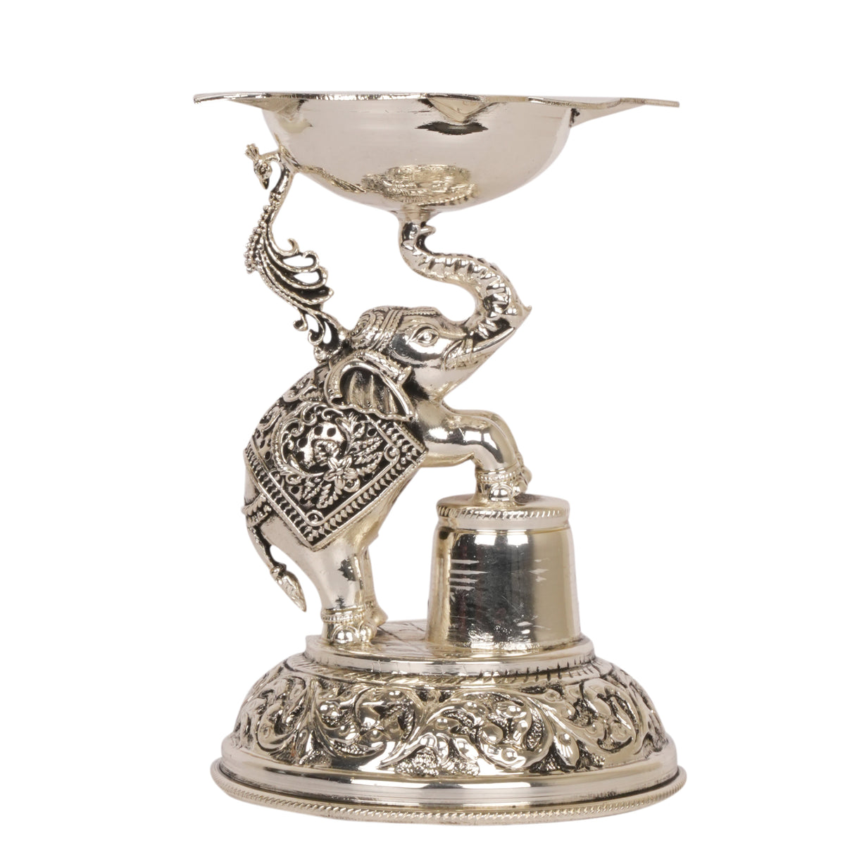 Elephant of Light: Silver-Coated Brass Diya (Oil Lamp)