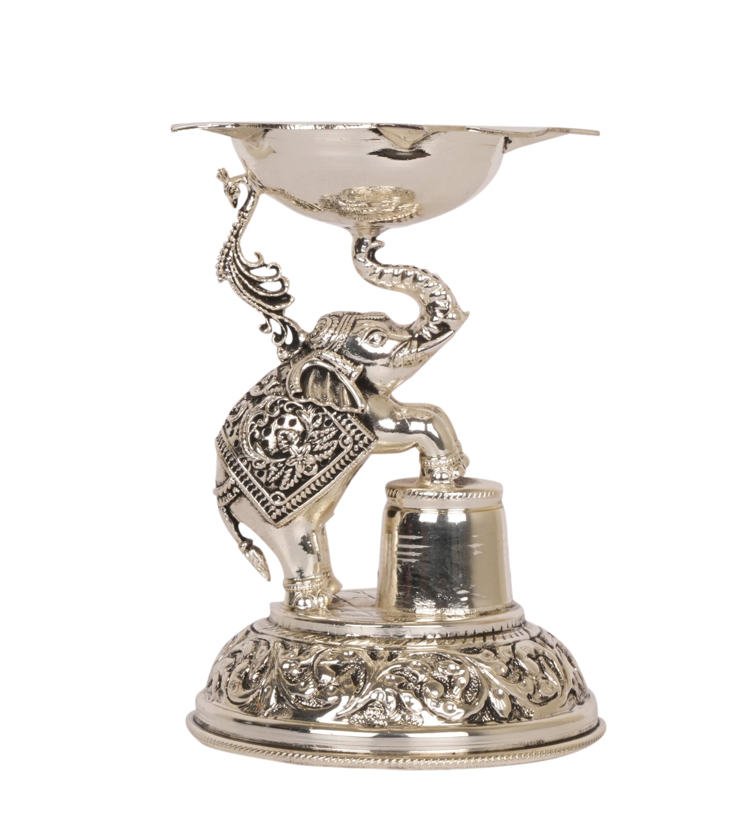 Elephant of Light: Silver-Coated Brass Diya (Oil Lamp)