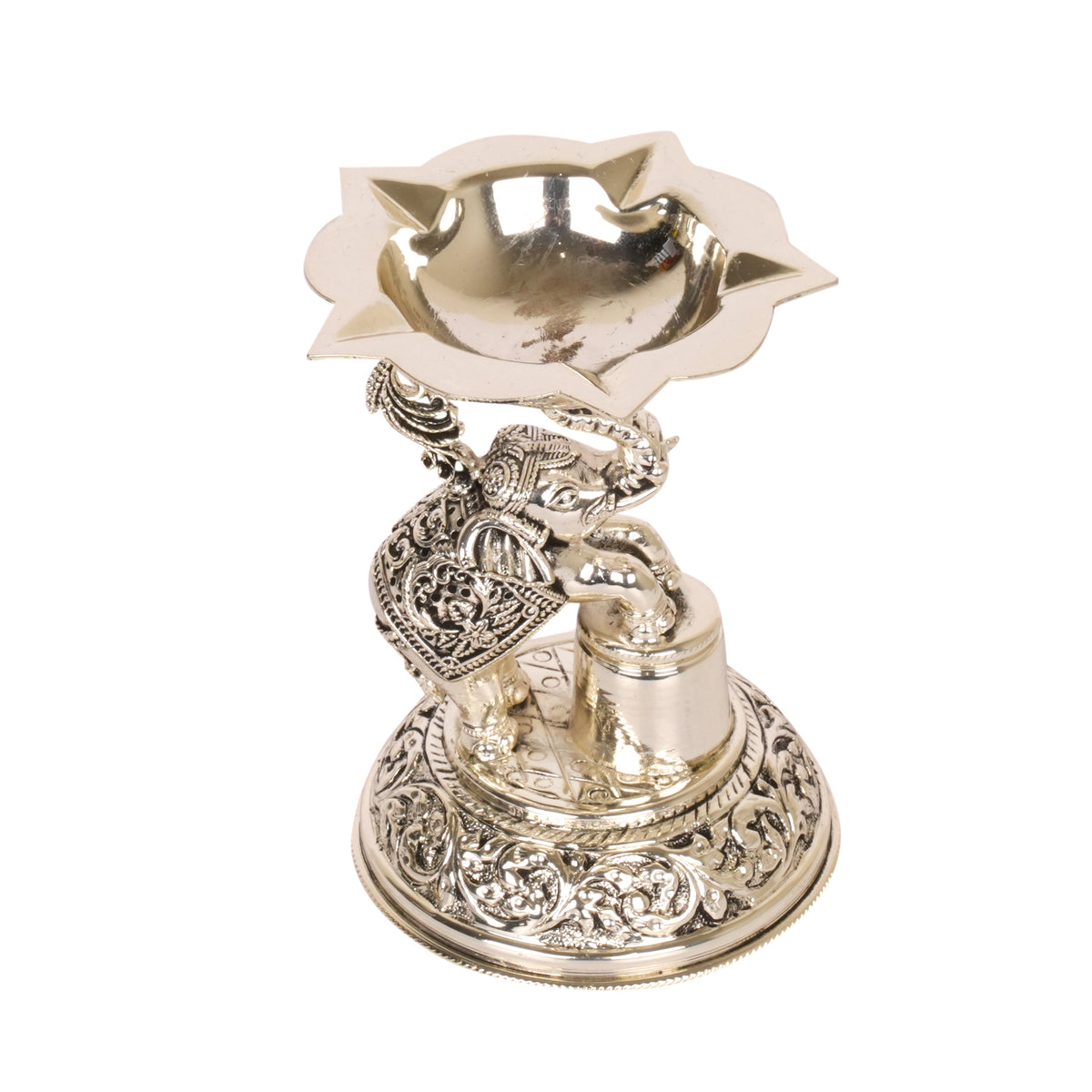 Elephant of Light: Silver-Coated Brass Diya (Oil Lamp)