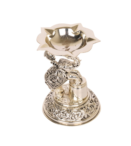 Elephant of Light: Silver-Coated Brass Diya (Oil Lamp)