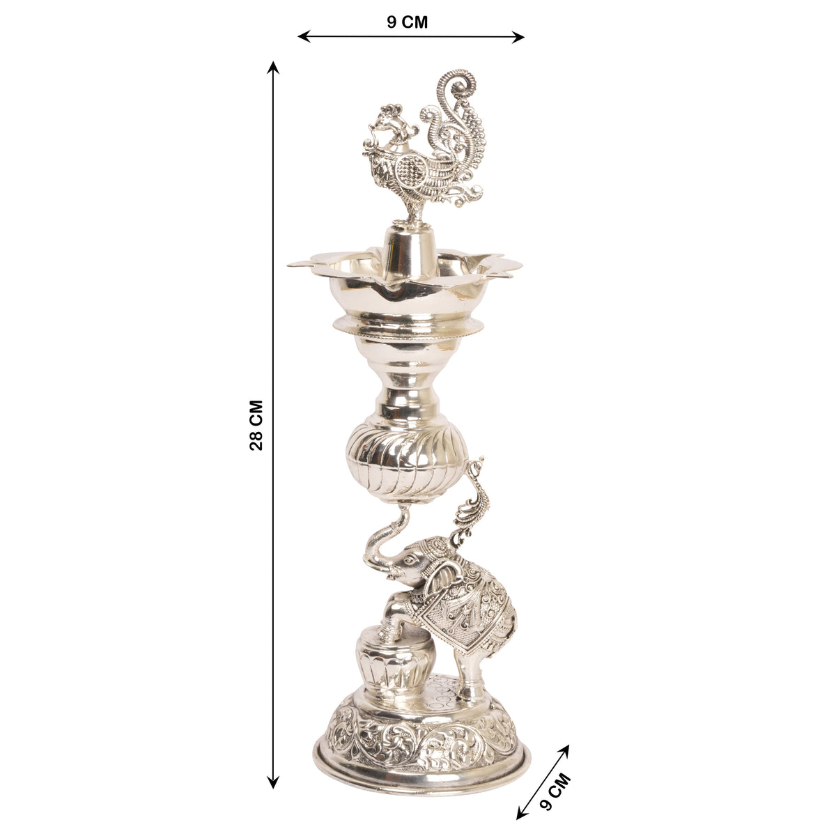 Timeless Radiance: Silver-Coated Brass Elephant and Peacock Oil Lamp