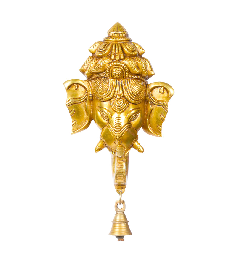 Auspicious Beginnings: Handcrafted Brass Ganesha Face Wall Hanging with Bell