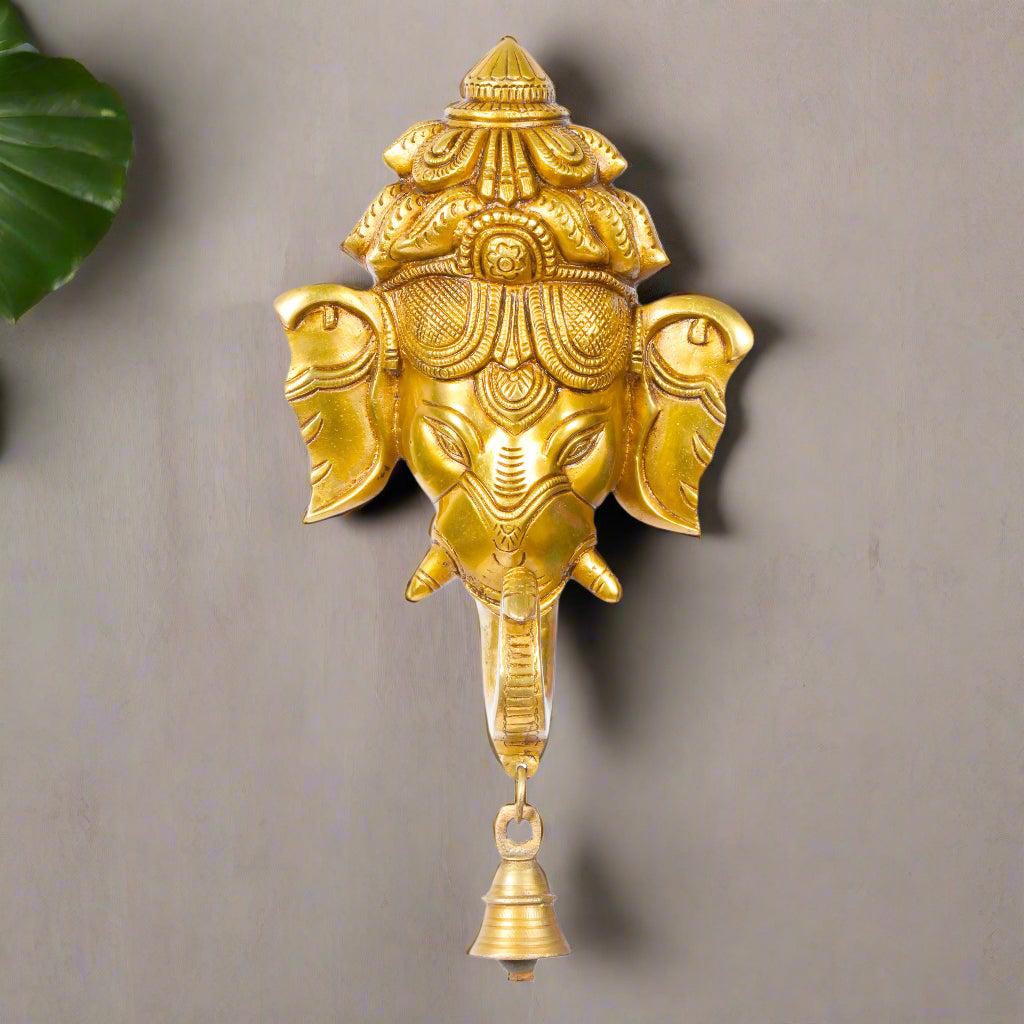 Auspicious Beginnings: Handcrafted Brass Ganesha Face Wall Hanging with Bell