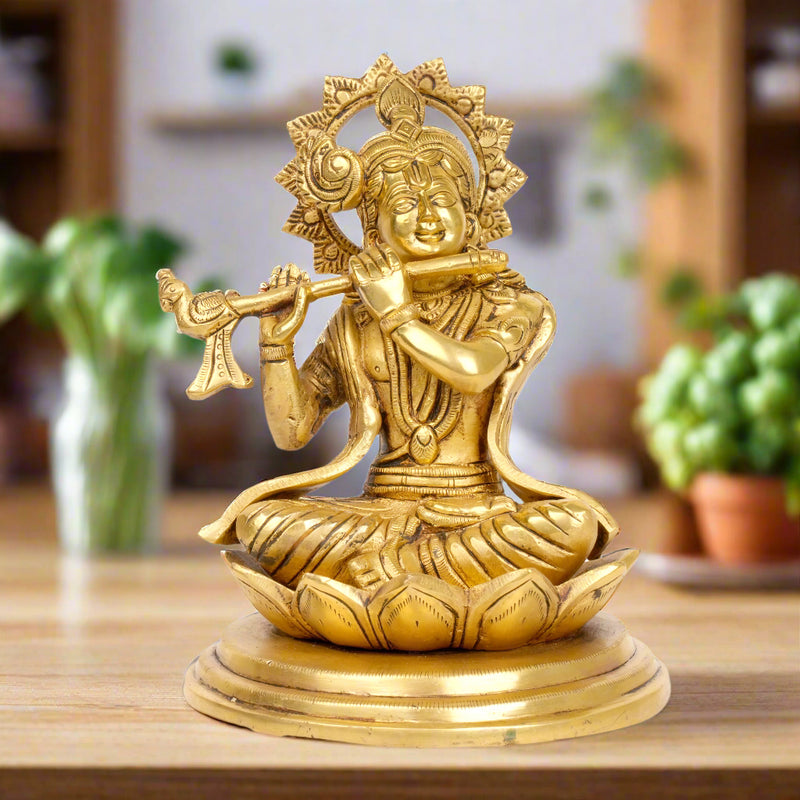 Divine Melody: Handcrafted Brass Lord Krishna with Flute