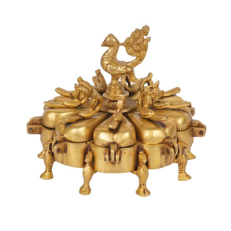 Antique Brass Indian Kankavati | Multi-Compartment Ritual Kumkum Box