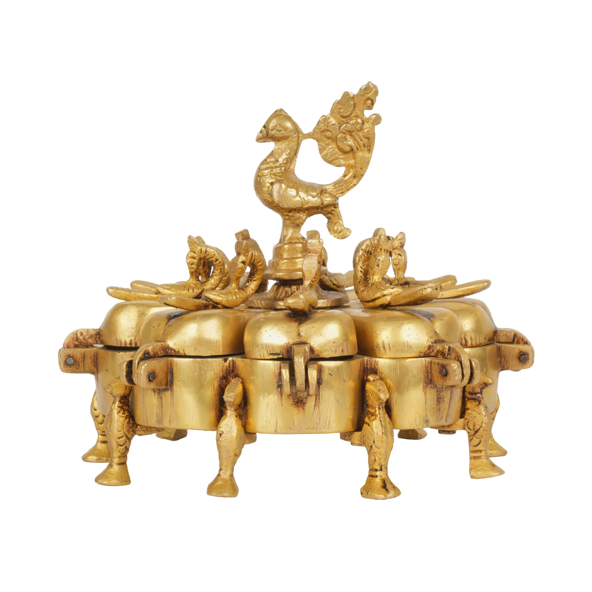 Antique Brass Indian Kankavati | Multi-Compartment Ritual Kumkum Box