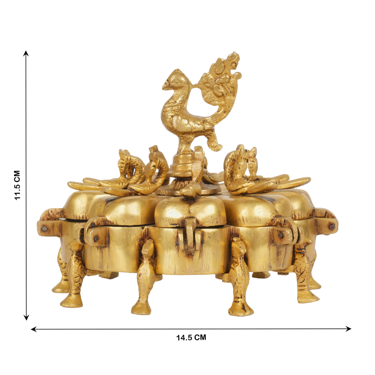 Antique Brass Indian Kankavati | Multi-Compartment Ritual Kumkum Box