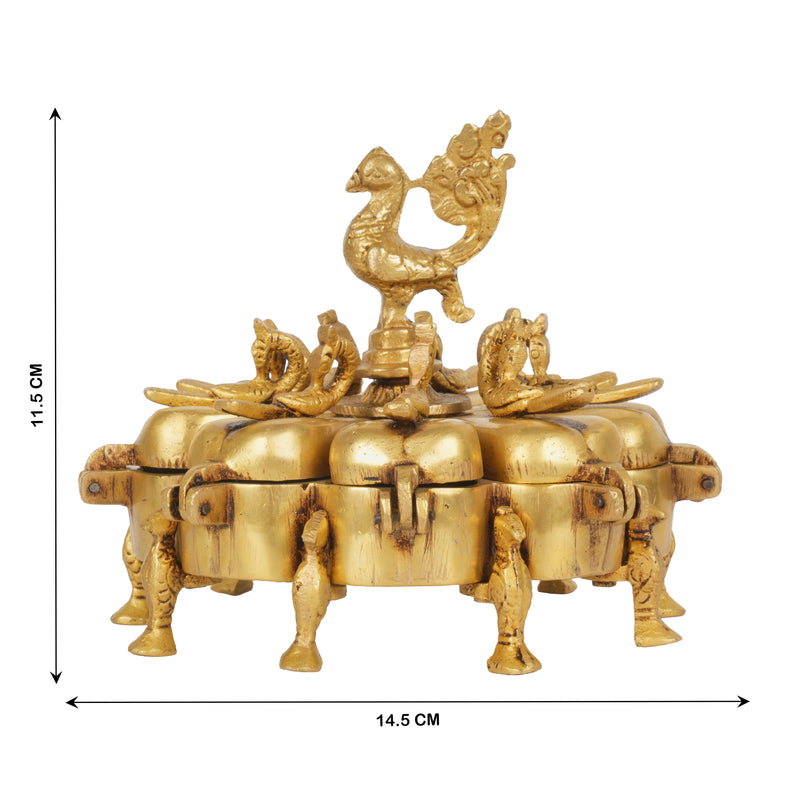 Antique Brass Indian Kankavati | Multi-Compartment Ritual Kumkum Box