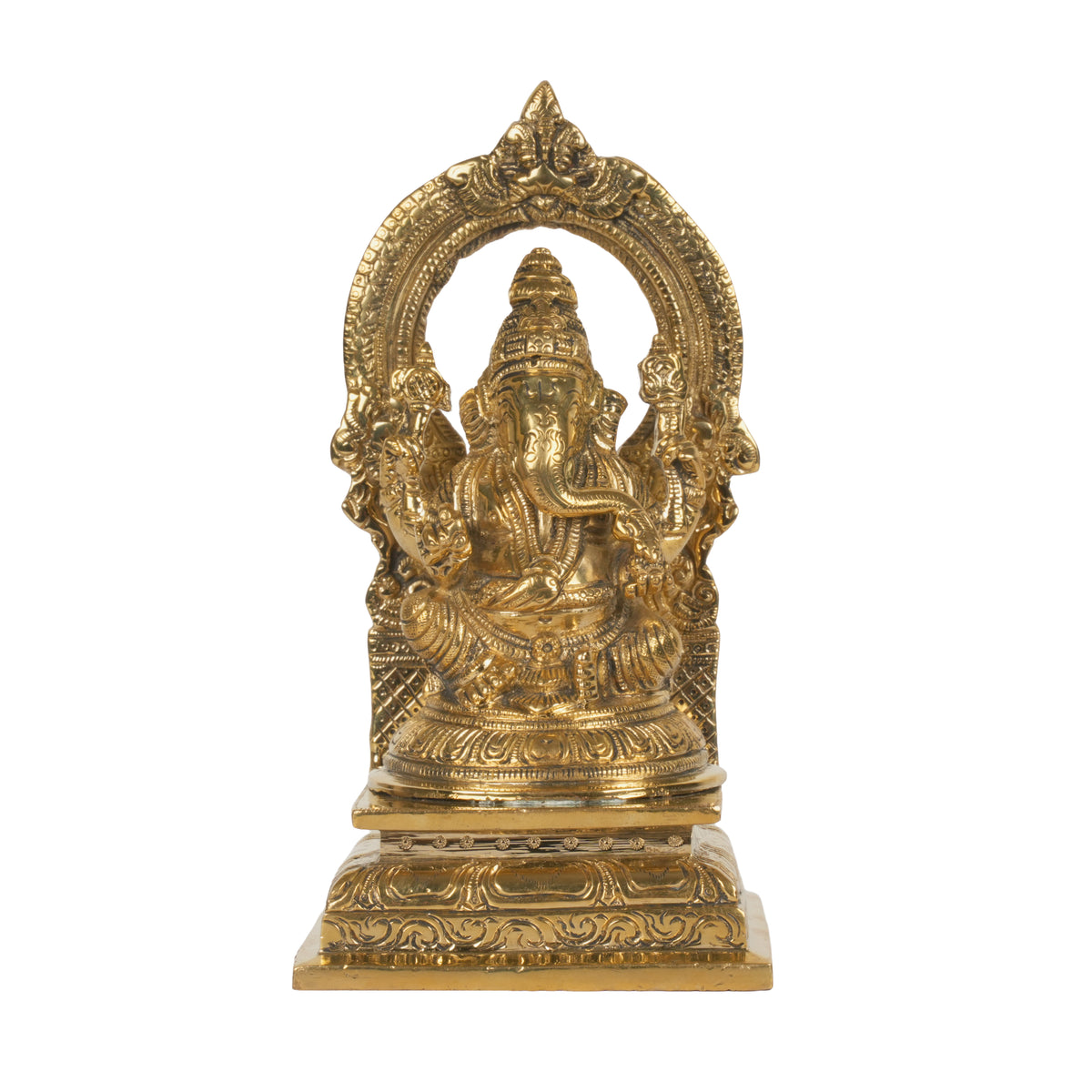 Heavy Brass Ganesha Idol with Arch (Prabhavali) | Ornate Seated Murti