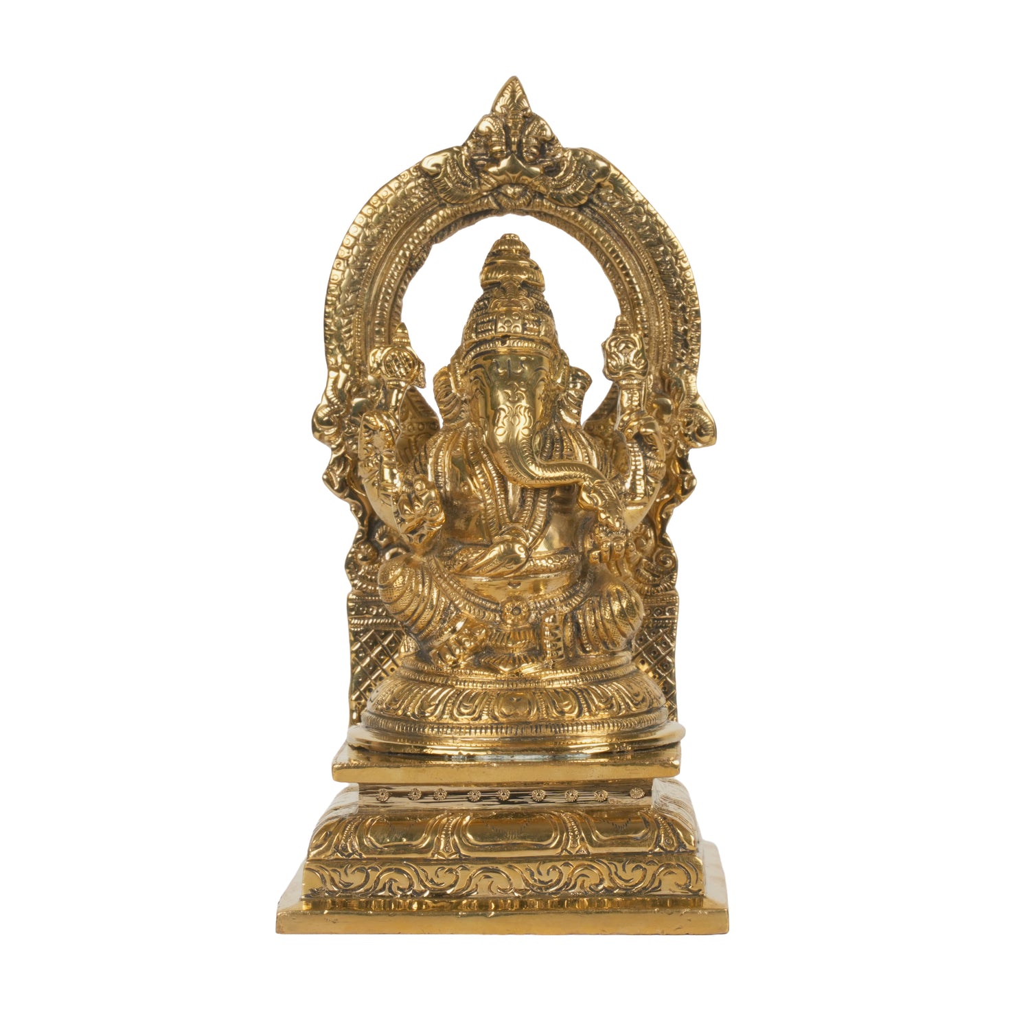 Heavy Brass Ganesha Idol with Arch (Prabhavali) | Ornate Seated Murti