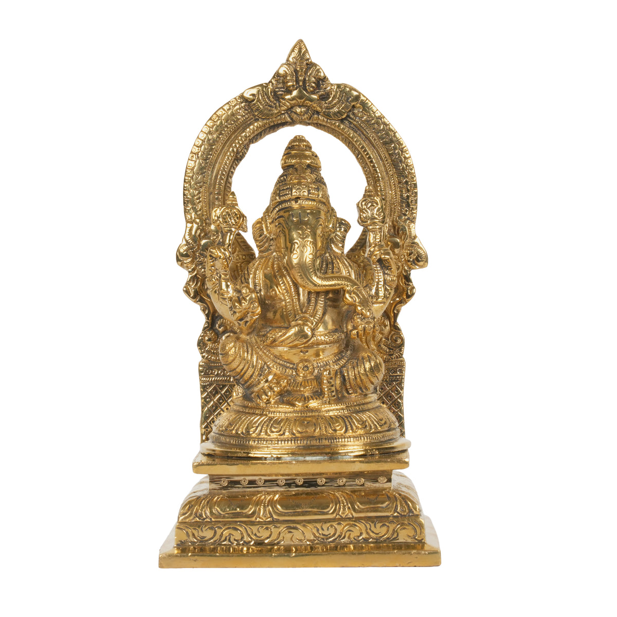 Heavy Brass Ganesha Idol with Arch (Prabhavali) | Ornate Seated Murti