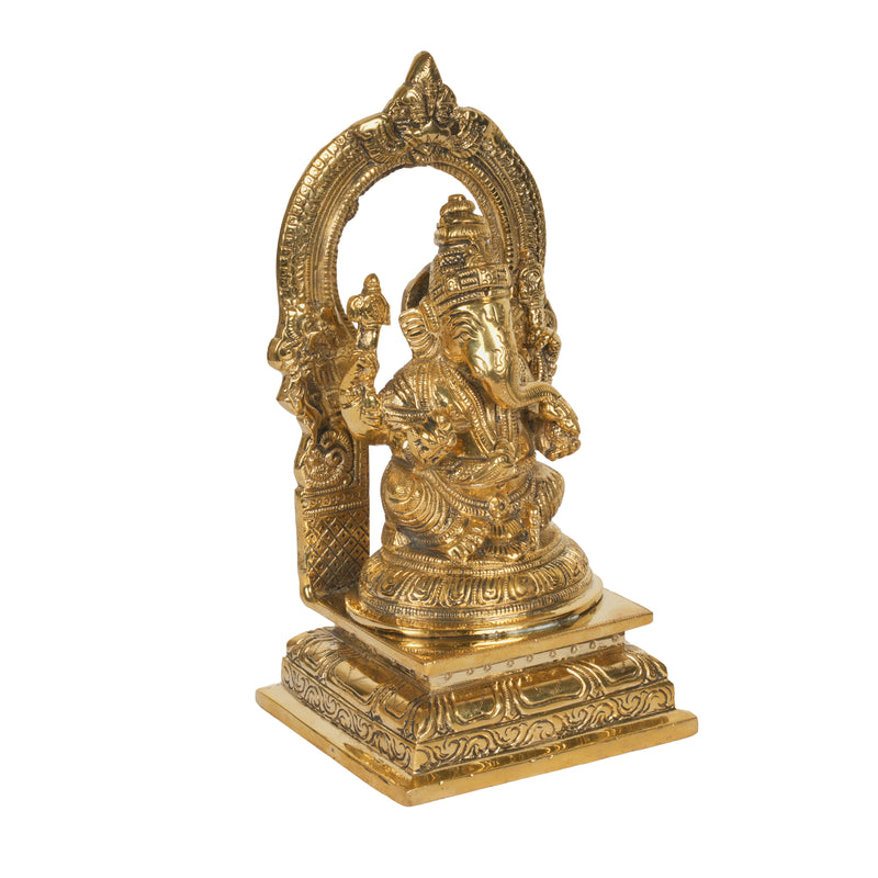 Heavy Brass Ganesha Idol with Arch (Prabhavali) | Ornate Seated Murti