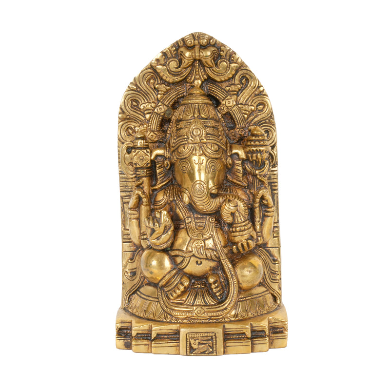 Handcrafted Antique Brass Ganesha Idol with Arch | Prabhavali Ganpati Statue