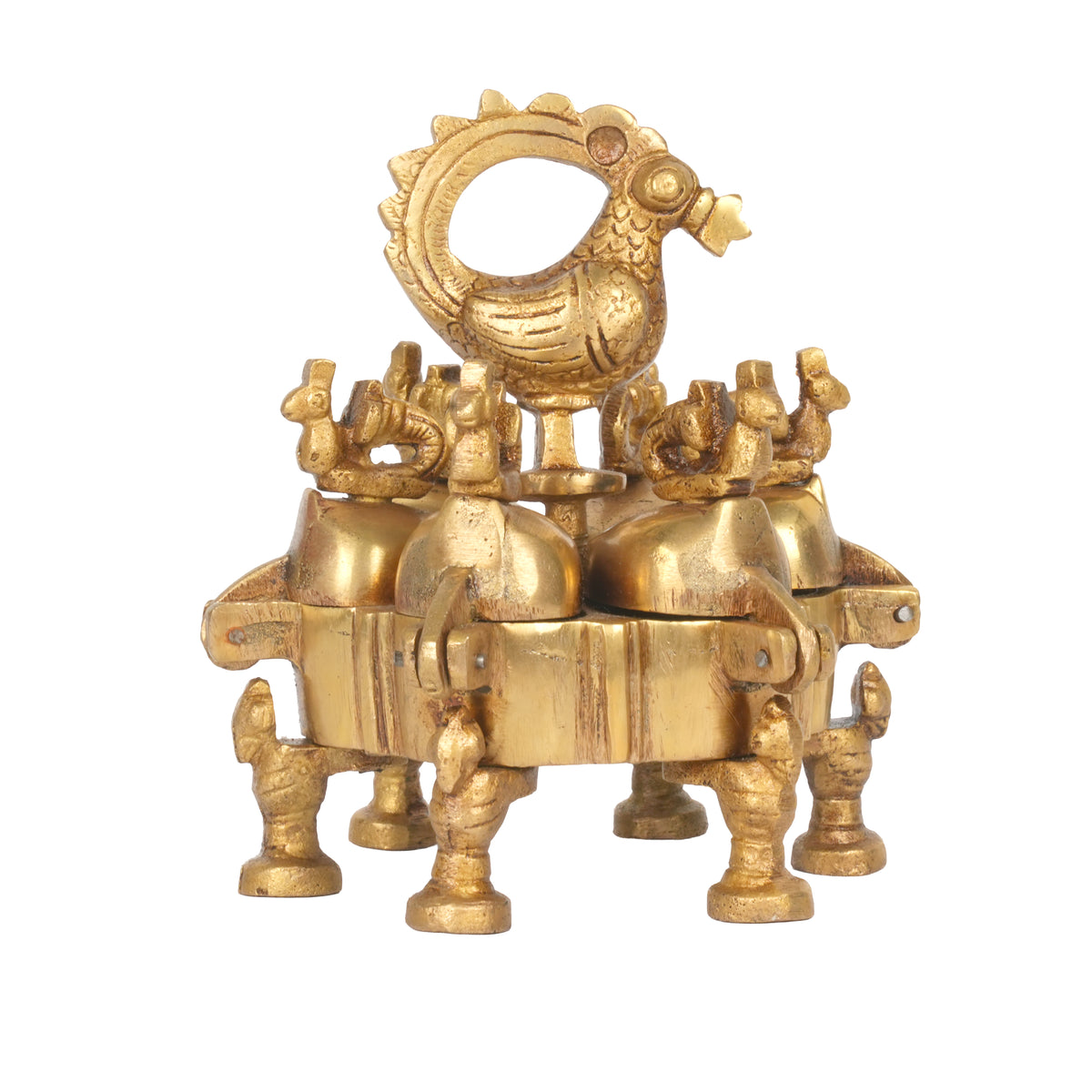 Antique Brass Indian Kankavati | Multi-Compartment Swivel Kumkum Box