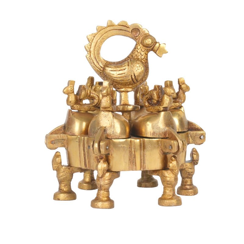 Antique Brass Indian Kankavati | Multi-Compartment Swivel Kumkum Box
