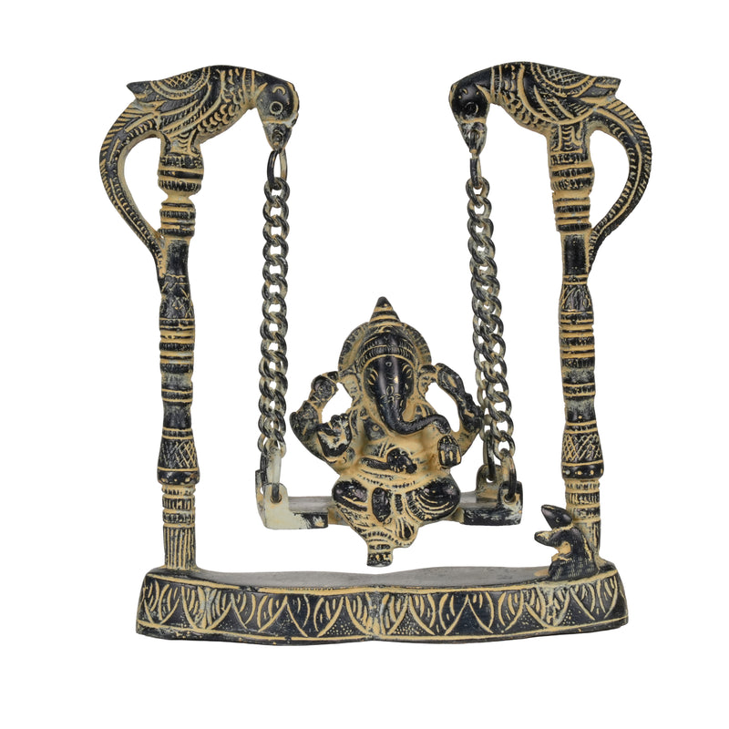 Antique Finish Ganesha on Swing Statue (Jhula) | Decorative Metal Idol