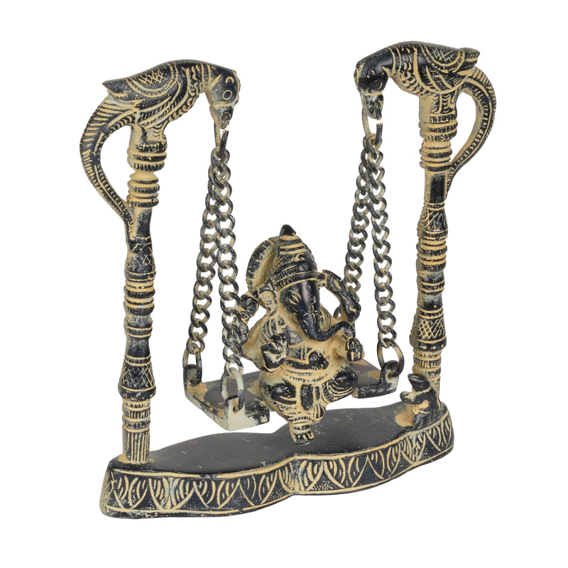 Antique Finish Ganesha on Swing Statue (Jhula) | Decorative Metal Idol