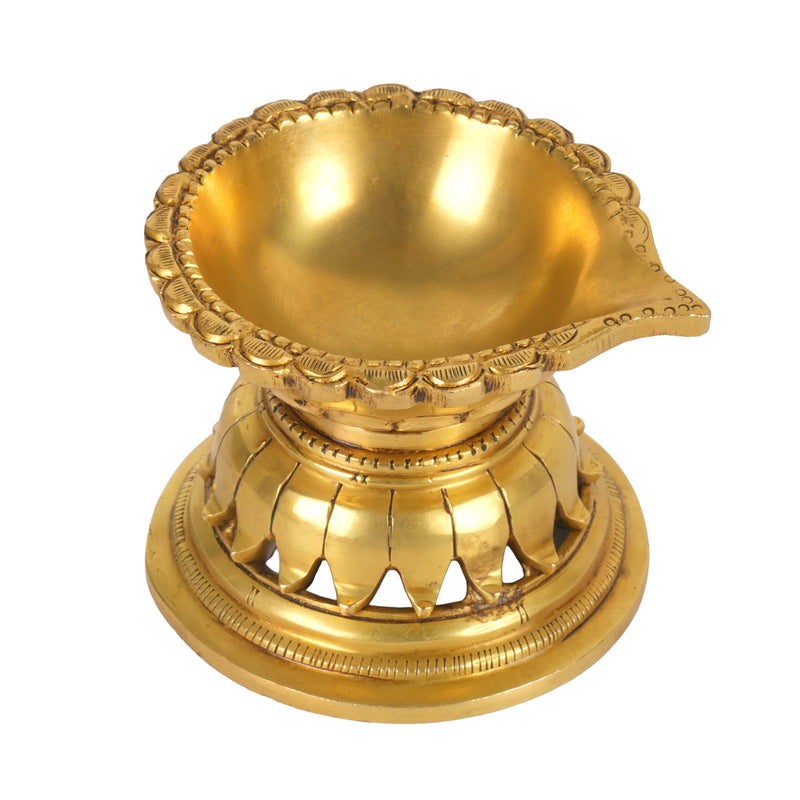 Traditional Brass Diya (Deepak) Oil Lamp with Embossed Border