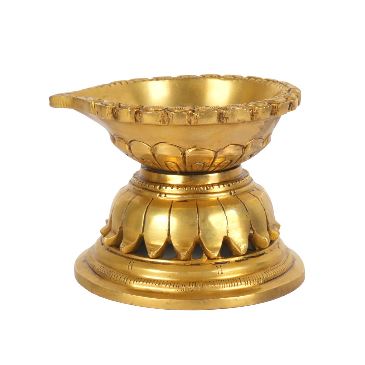 Traditional Brass Diya (Deepak) Oil Lamp with Embossed Border