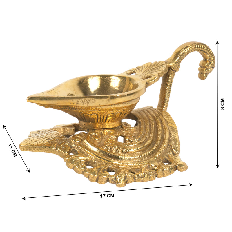 Traditional Brass Handheld Aarti Diya (Oil Lamp) with Peacock Handle