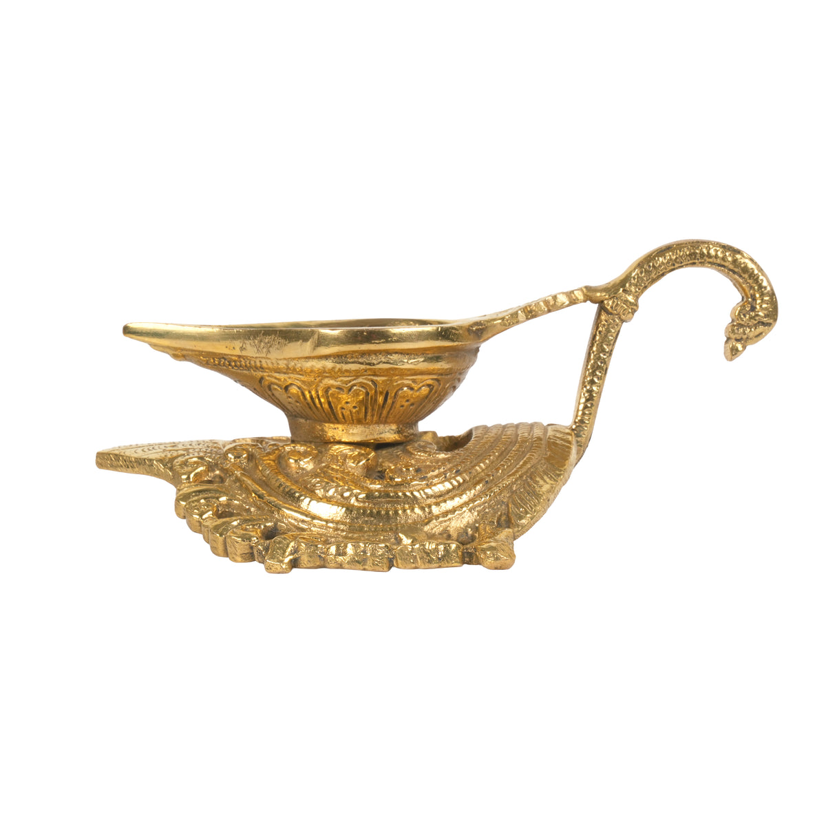 Traditional Brass Handheld Aarti Diya (Oil Lamp) with Peacock Handle