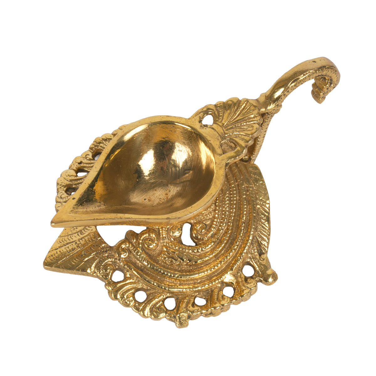 Traditional Brass Handheld Aarti Diya (Oil Lamp) with Peacock Handle