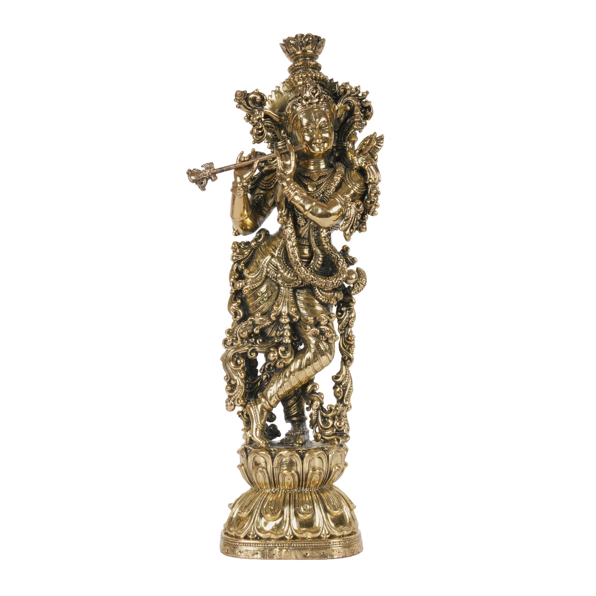 Antique Finish Lord Krishna Idol (Standing) Playing Flute on Lotus Base