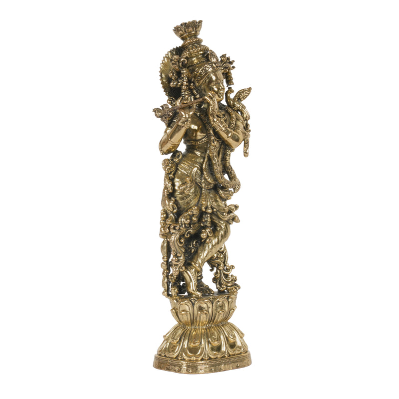 Antique Finish Lord Krishna Idol (Standing) Playing Flute on Lotus Base