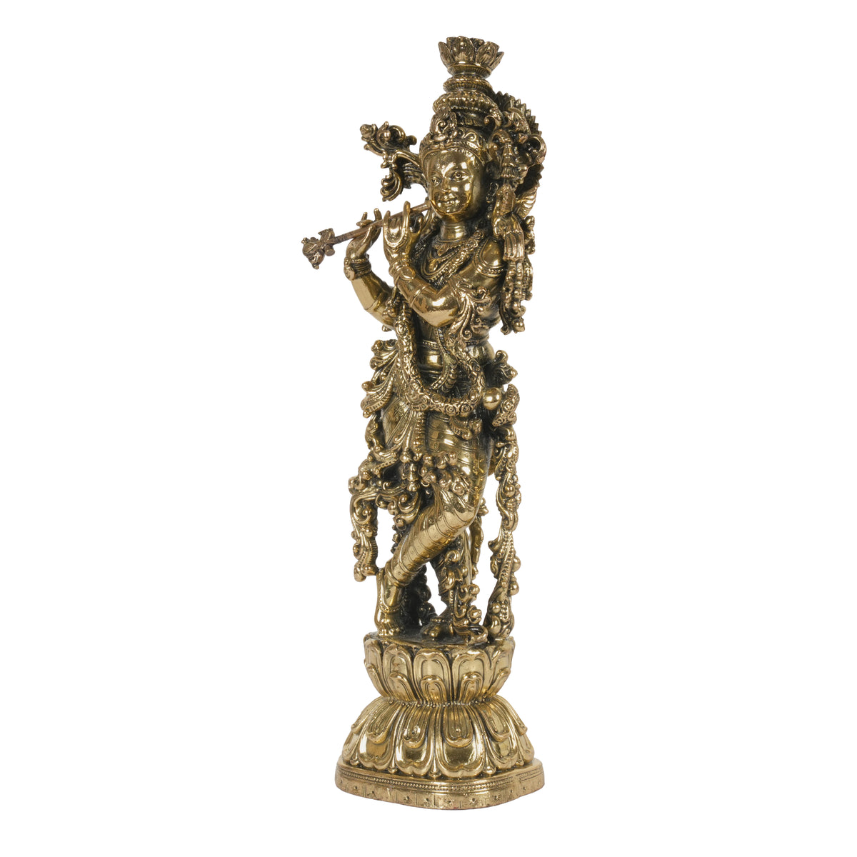 Antique Finish Lord Krishna Idol (Standing) Playing Flute on Lotus Base