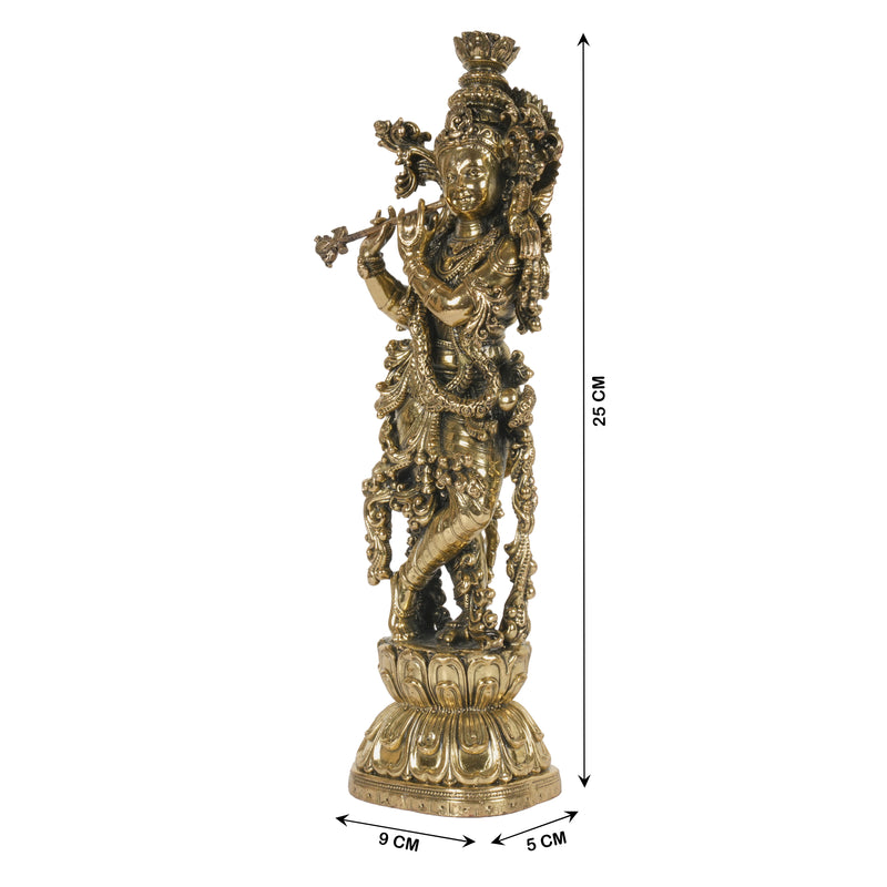 Antique Finish Lord Krishna Idol (Standing) Playing Flute on Lotus Base