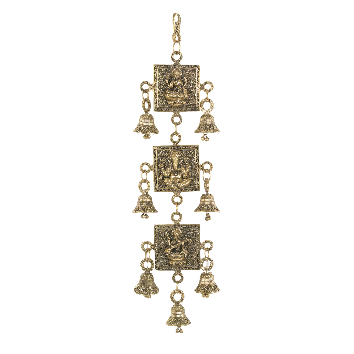 Handcrafted Brass Laxmi Ganesha Saraswati Wall Hanging | Antique Altar Blessing Bells
