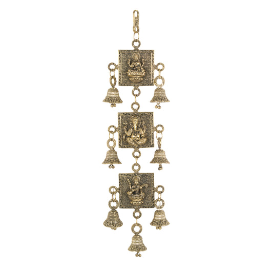 Handcrafted Brass Laxmi Ganesha Saraswati Wall Hanging | Antique Altar Blessing Bells