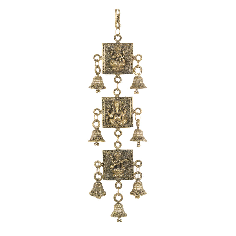 Handcrafted Brass Laxmi Ganesha Saraswati Wall Hanging | Antique Altar Blessing Bells