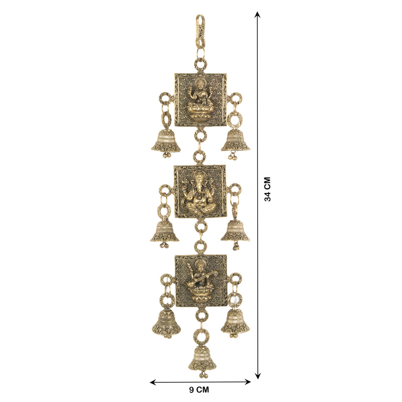 Handcrafted Brass Laxmi Ganesha Saraswati Wall Hanging | Antique Altar Blessing Bells