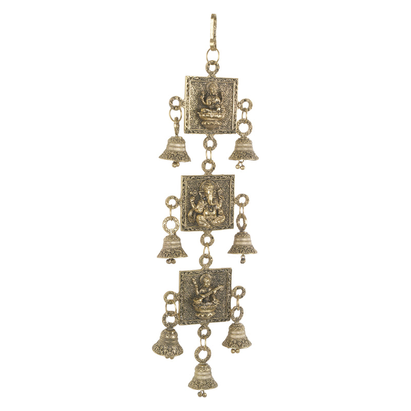 Handcrafted Brass Laxmi Ganesha Saraswati Wall Hanging | Antique Altar Blessing Bells