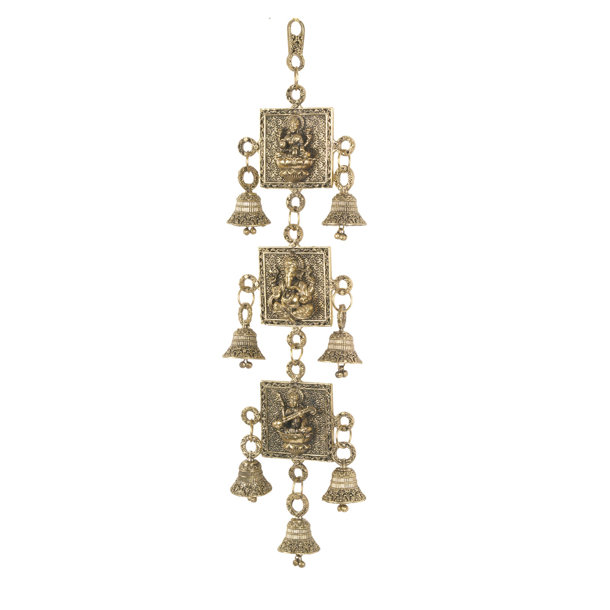 Handcrafted Brass Laxmi Ganesha Saraswati Wall Hanging | Antique Altar Blessing Bells