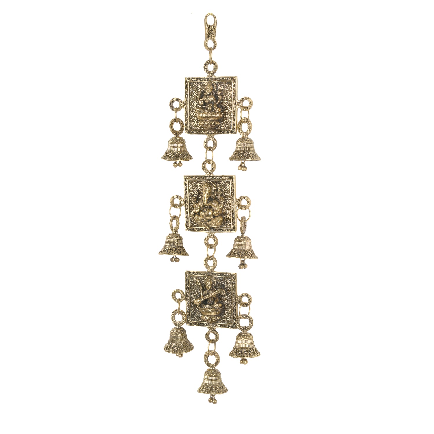 Handcrafted Brass Laxmi Ganesha Saraswati Wall Hanging | Antique Altar Blessing Bells