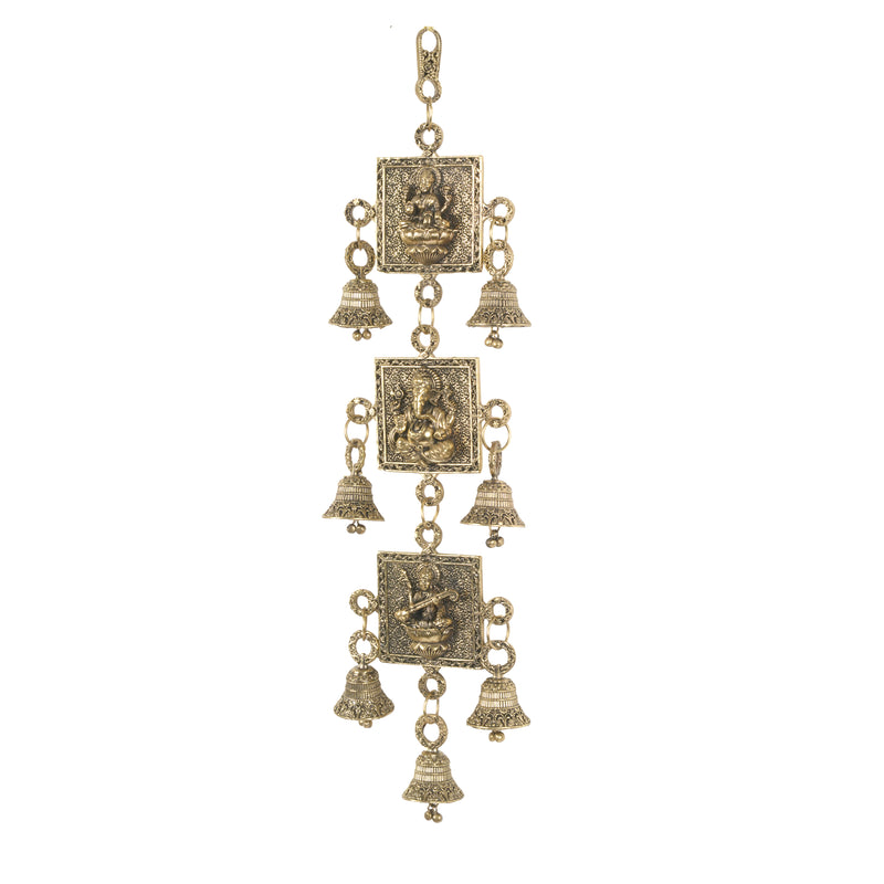 Handcrafted Brass Laxmi Ganesha Saraswati Wall Hanging | Antique Altar Blessing Bells