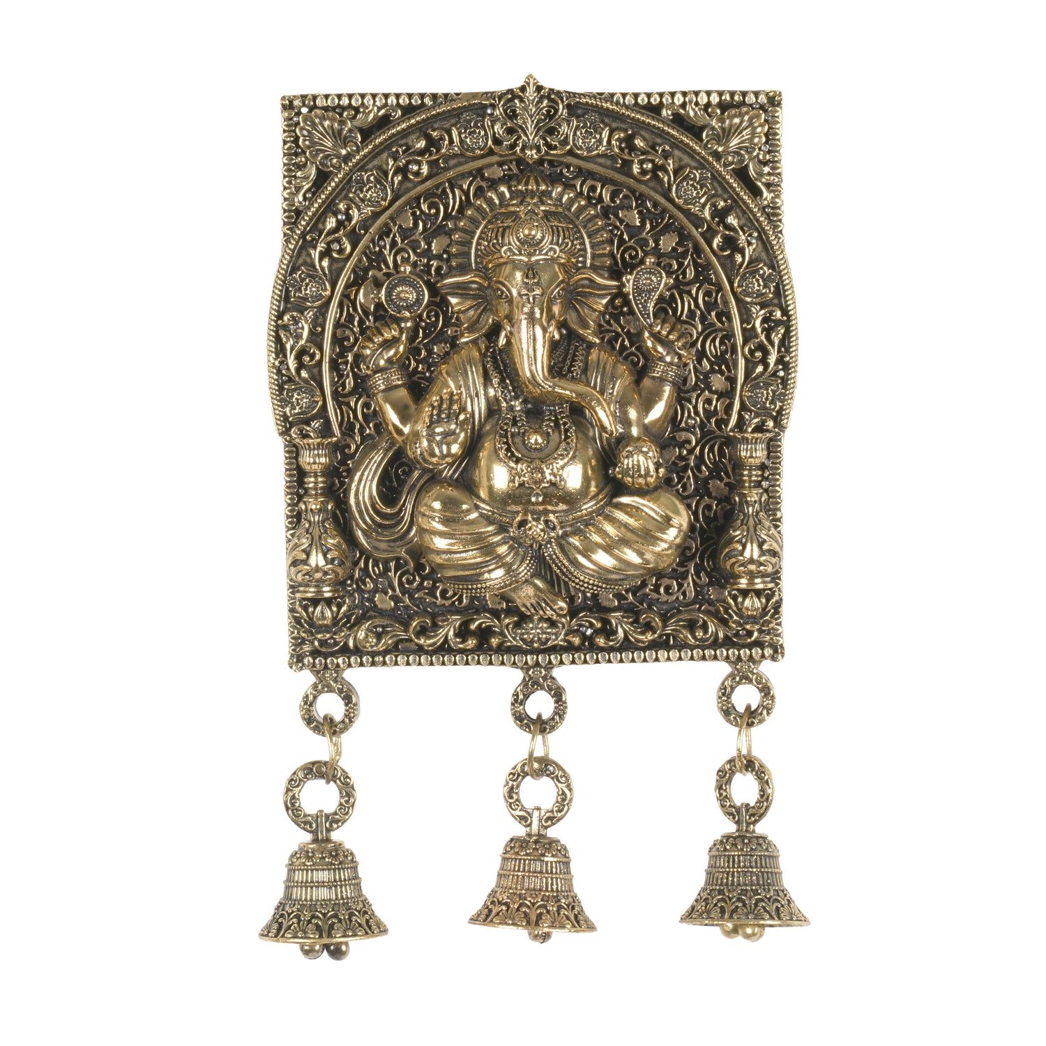 Antique Finish Lord Ganesha Wall Hanging Plaque with Bells