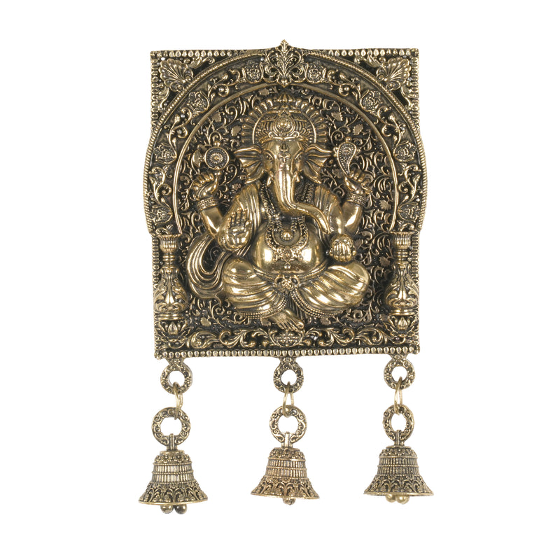 Antique Finish Lord Ganesha Wall Hanging Plaque with Bells