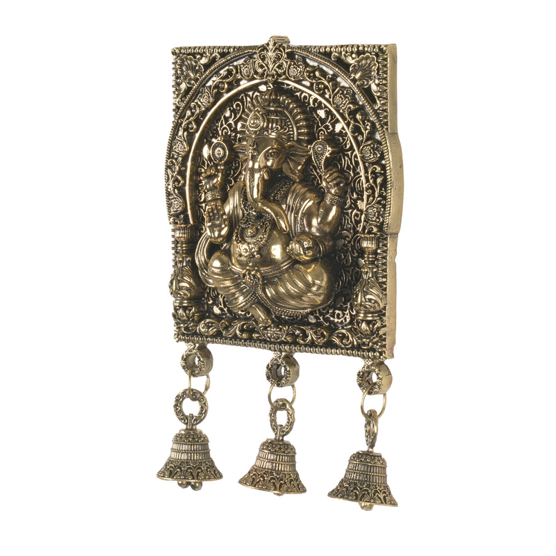 Antique Finish Lord Ganesha Wall Hanging Plaque with Bells